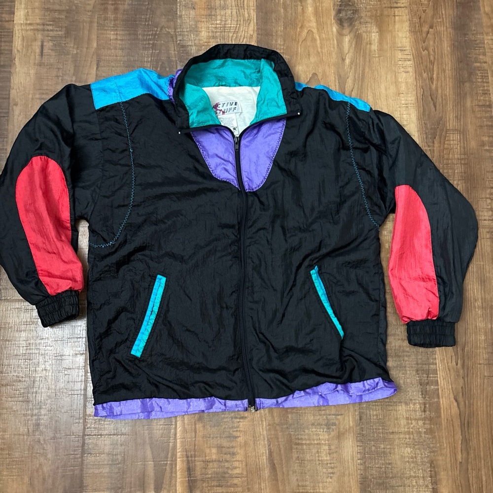 Vintage 80s 90s Active Stuff Windbreaker Jacket Medium Colorblock Nylon Swishy